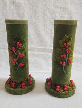 Vintage Green Velvet Holiday Candle Holders with Red Berry Accents